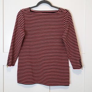 Talbots Striped Top Navy Blue & Coral 3/4 Sleeves With Gold Zipper Size …